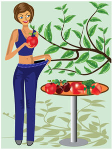 Happy woman showing how much weight she lost